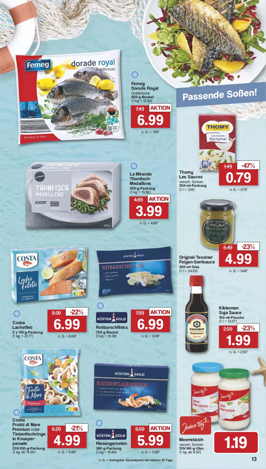 Aktueller Prospekt Famila - Prospekte - von 05.08 bis 10.08.2024 - strona 16 - produkty: beutel, Dorade, dorade royal, eis, Feigen, femeg, filet, filets, fisch, flasche, frutti di mare, garnelen, gin, Goldbrasse, kikkoman, lachs, lachsfilet, medaillons, meerrettich, reis, Rettich, riesengarnelen, ring, Rotbarsch, rotbarschfilet, sauce, senf, soja, thomy, thomy les sauces, thunfisch, Ti, Tintenfischringe, ZTE