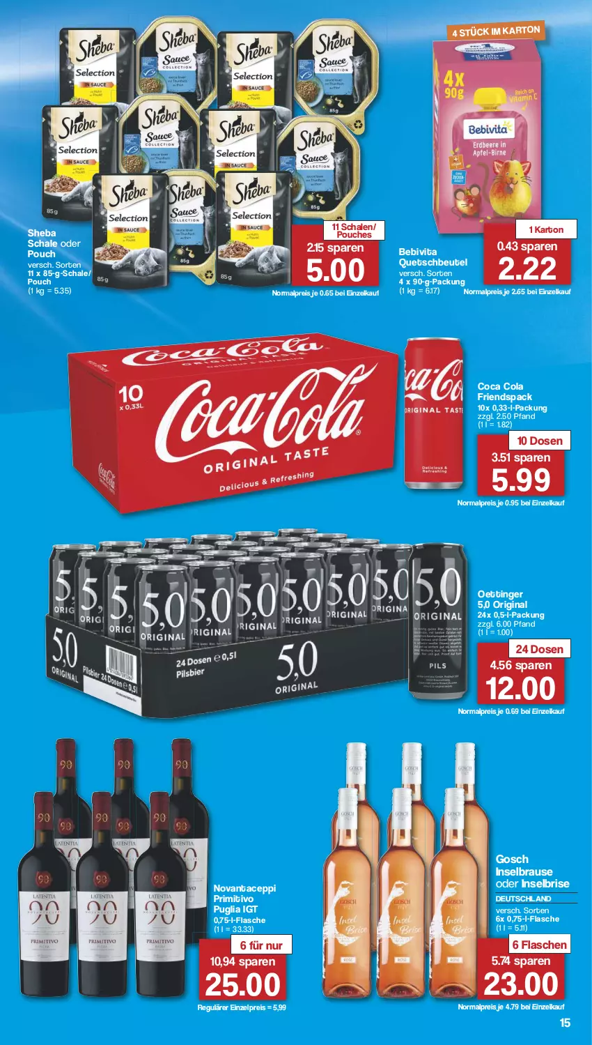 Aktueller Prospekt Famila - Prospekte - von 05.08 bis 10.08.2024 - strona 18 - produkty: bebivita, beutel, brause, cola, eis, flasche, gin, oettinger, primitivo, quetschbeutel, reis, Schal, Schale, sheba, Ti, vita