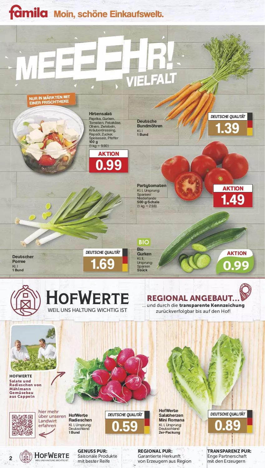 Aktueller Prospekt Famila - Prospekte - von 05.08 bis 10.08.2024 - strona 2 - produkty: Bau, bio, bio gurken, Bundmöhren, Cap, dressing, eis, ente, feta, gurke, gurken, Käse, kräuter, LG, möhren, nuss, olive, oliven, paprika, pfeffer, radieschen, rapsöl, salat, salate, salatherzen, salz, Schal, Schale, Ti, tomate, tomaten, zucker, zwiebel, zwiebeln