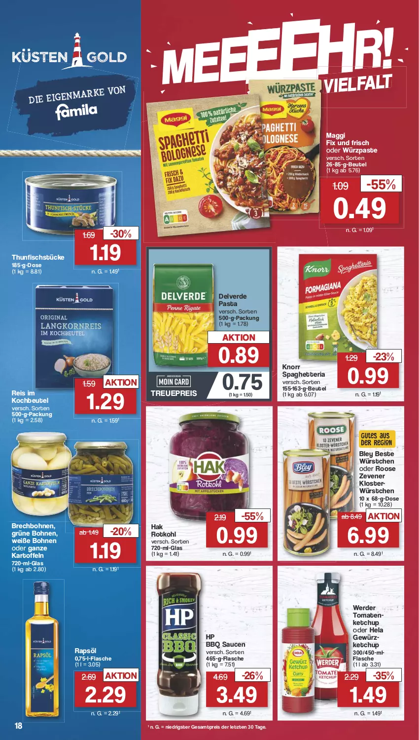 Aktueller Prospekt Famila - Prospekte - von 05.08 bis 10.08.2024 - strona 21 - produkty: beutel, bley, bohne, bohnen, eis, erde, fisch, flasche, gewürz, gewürzketchup, grüne bohnen, Hela, HP, kartoffel, kartoffeln, ketchup, knorr, kochbeutel, maggi, maggi fix, pasta, rapsöl, reis, Ria, rotkohl, sauce, saucen, thunfisch, Ti, tomate, tomaten, tomatenketchup, Weiße Bohnen, würstchen, ZTE