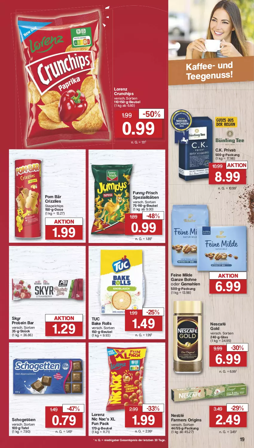 Aktueller Prospekt Famila - Prospekte - von 05.08 bis 10.08.2024 - strona 22 - produkty: beutel, bohne, chips, crunchips, eis, funny-frisch, gin, kaffee, lorenz, lorenz crunchips, Nescafé, nescafé gold, nestlé, nuss, reis, schogetten, Skyr, Spezi, tee, Ti, tuc, ZTE