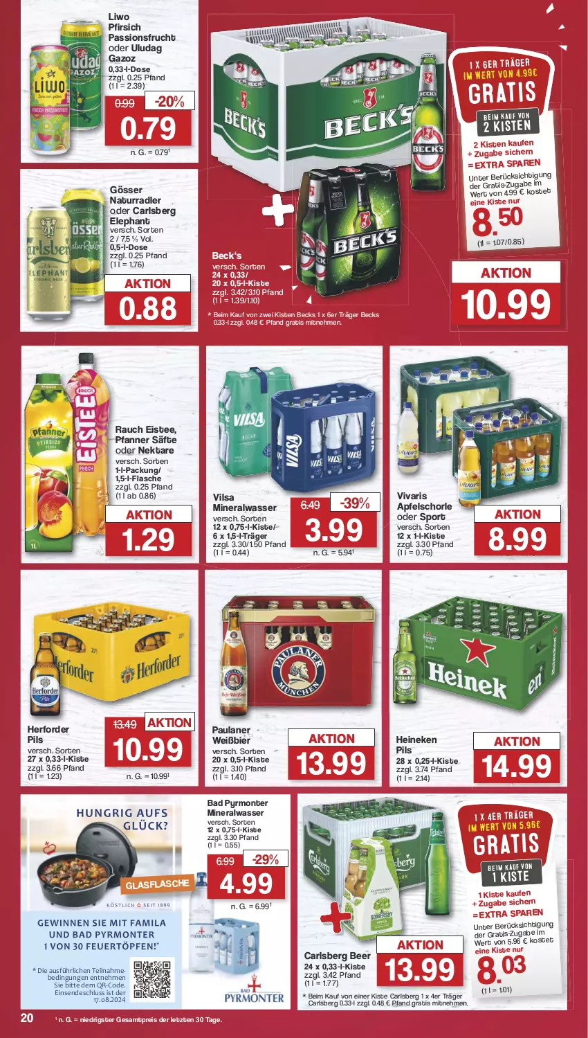 Aktueller Prospekt Famila - Prospekte - von 05.08 bis 10.08.2024 - strona 23 - produkty: Alwa, apfel, Apfelschorle, Bad, becks, bier, carlsberg, carlsberg beer, eis, eistee, flasche, frucht, glasflasche, gösser, heineken, mineralwasser, monte, natur, Nektar, passionsfrucht, Paula, paulaner, pfanne, Pfanner, pfirsich, pils, radler, Rauch, reis, säfte, schorle, Sport, tee, Ti, vilsa, Vivaris, wasser, ZTE