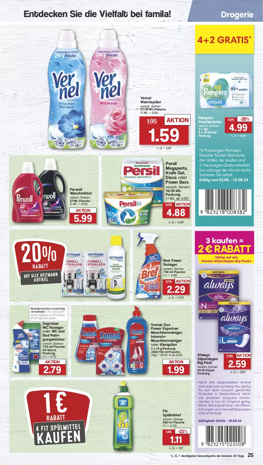 Aktueller Prospekt Famila - Prospekte - von 05.08 bis 10.08.2024 - strona 28 - produkty: Alwa, Always, Bad, bio, biozidprodukte, Bref, bref power, coupon, coupons, decke, eis, feuchte tücher, feuchttücher, flasche, gin, heitmann, klarspüler, kraft, maschinenreiniger, megaperls, pampers, persil, perwoll, Rauch, reiniger, Reinigung, reinigungstücher, reis, rwe, sagrotan, slip, slipeinlagen, somat, spülmittel, Ti, Tiere, tücher, vernel, waschmittel, weichspüler, ZTE