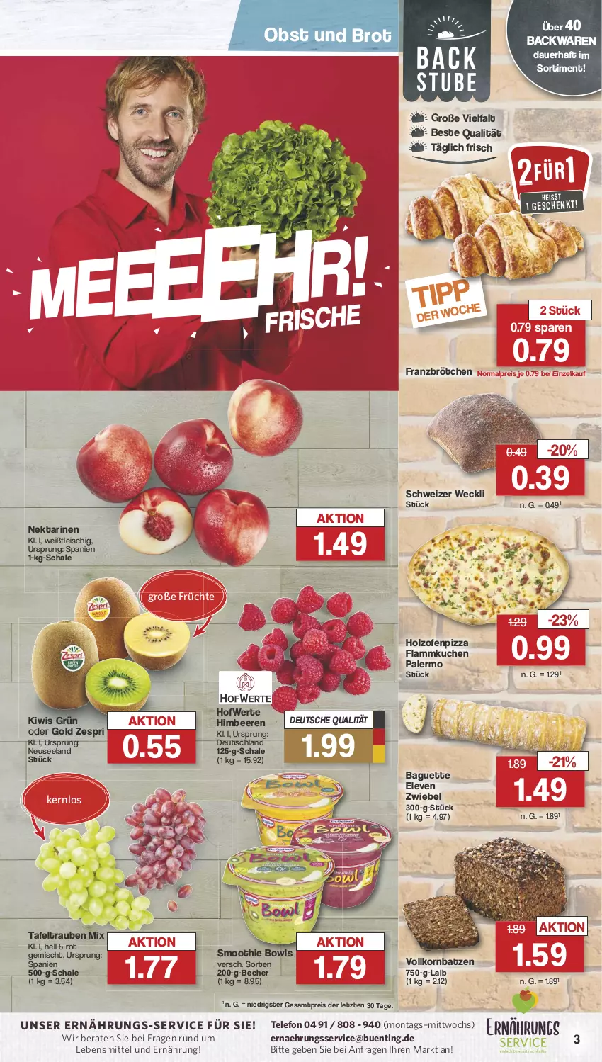 Aktueller Prospekt Famila - Prospekte - von 05.08 bis 10.08.2024 - strona 3 - produkty: auer, backwaren, baguette, Becher, beere, beeren, brot, brötchen, eis, Elan, flammkuchen, fleisch, früchte, himbeer, himbeere, himbeeren, Holz, kiwi, korn, kuchen, lamm, lebensmittel, Nektar, nektarinen, obst, Ofen, pizza, reis, Schal, Schale, smoothie, tafeltrauben, telefon, Ti, trauben, weck, zespri, ZTE, zwiebel