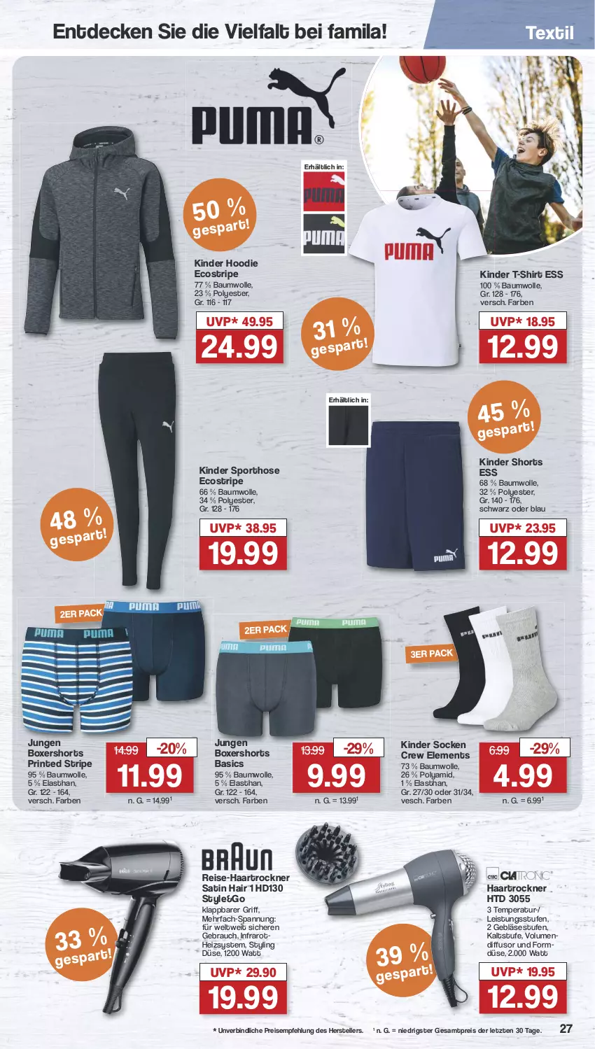 Aktueller Prospekt Famila - Prospekte - von 05.08 bis 10.08.2024 - strona 30 - produkty: Bau, baumwolle, decke, eis, elle, haartrockner, hose, Kinder, Rauch, reis, shirt, shorts, socken, Sport, T-Shirt, teller, Ti, Trockner, wolle, ZTE