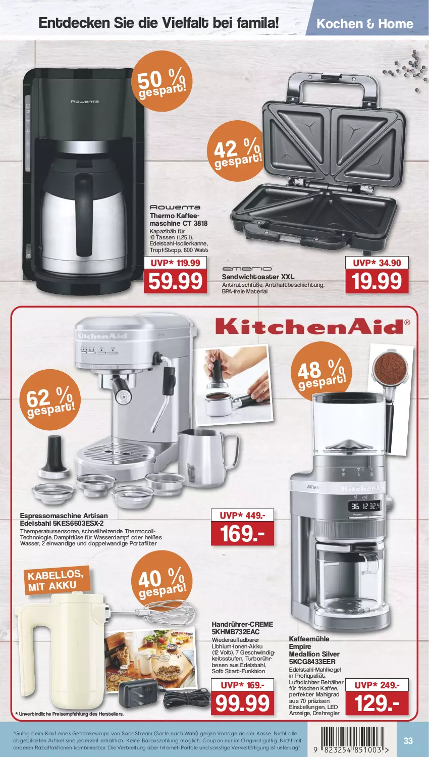 Aktueller Prospekt Famila - Prospekte - von 05.08 bis 10.08.2024 - strona 36 - produkty: akku, Behälter, Brei, coupon, creme, dalli, decke, edelstahl, eis, elle, espresso, getränk, getränke, getränkesirup, gin, isolierkanne, kaffee, kaffeemaschine, Kaffeemühle, LG, lion, reis, Ria, sandwich, sirup, Soda, sodastream, tasse, teller, Ti, toast, toaster, wasser