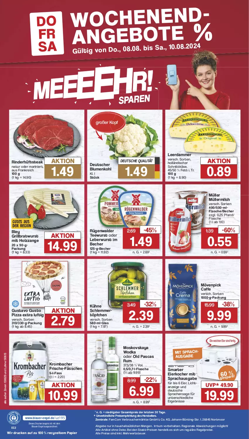 Aktueller Prospekt Famila - Prospekte - von 05.08 bis 10.08.2024 - strona 39 - produkty: auer, Becher, bley, blume, blumen, blumenkohl, bratwurst, caffe, drucker, eier, Eierkocher, eis, elle, Engel, flasche, grill, grillbratwurst, holländischer schnittkäse, Holz, hüftsteak, Käse, kerze, Kocher, krombache, krombacher, Kühne, leberwurst, leerdammer, milch, moskovskaya, mövenpick, Müller, müllermilch, natur, papier, pizza, Rauch, regal, reis, rind, rinder, rügenwalder, rum, rwe, schlemmertöpfchen, schnittkäse, steak, tee, teewurst, teller, Ti, Töpfchen, wodka, wurst, ZTE