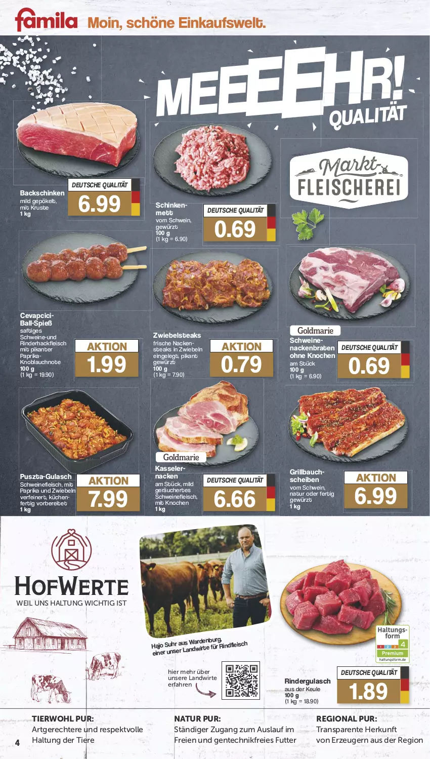 Aktueller Prospekt Famila - Prospekte - von 05.08 bis 10.08.2024 - strona 4 - produkty: ball, Bau, braten, cevapcici, eis, ente, fleisch, gewürz, grill, Grillbauch, gulasch, hackfleisch, kasseler, knoblauch, küche, Küchen, Mett, mit paprika, Nackensteak, nackensteaks, natur, paprika, rind, rinder, rindergulasch, rinderhackfleisch, rindfleisch, saft, schinken, schwein, schweine, schweinefleisch, steak, steaks, Ti, Tiere, uhr, wein, weine, zwiebel, zwiebeln