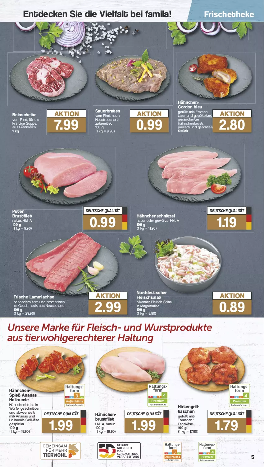 Aktueller Prospekt Famila - Prospekte - von 05.08 bis 10.08.2024 - strona 5 - produkty: ananas, auer, braten, brustfilet, cordon bleu, decke, eis, Elan, emmentaler, feta, filet, fleisch, fleischsalat, gewürz, grill, Grillkäse, hähnchenbrust, hähnchenbrustfilet, Hähnchenschnitzel, Halloumi, Käse, lachs, lamm, lammlachse, LG, mac, mayonnaise, natur, pute, rind, salat, schnitten, schnitzel, suppe, Tasche, taschen, Ti, tisch, tomate, tomaten, würfel, wurst, Yo