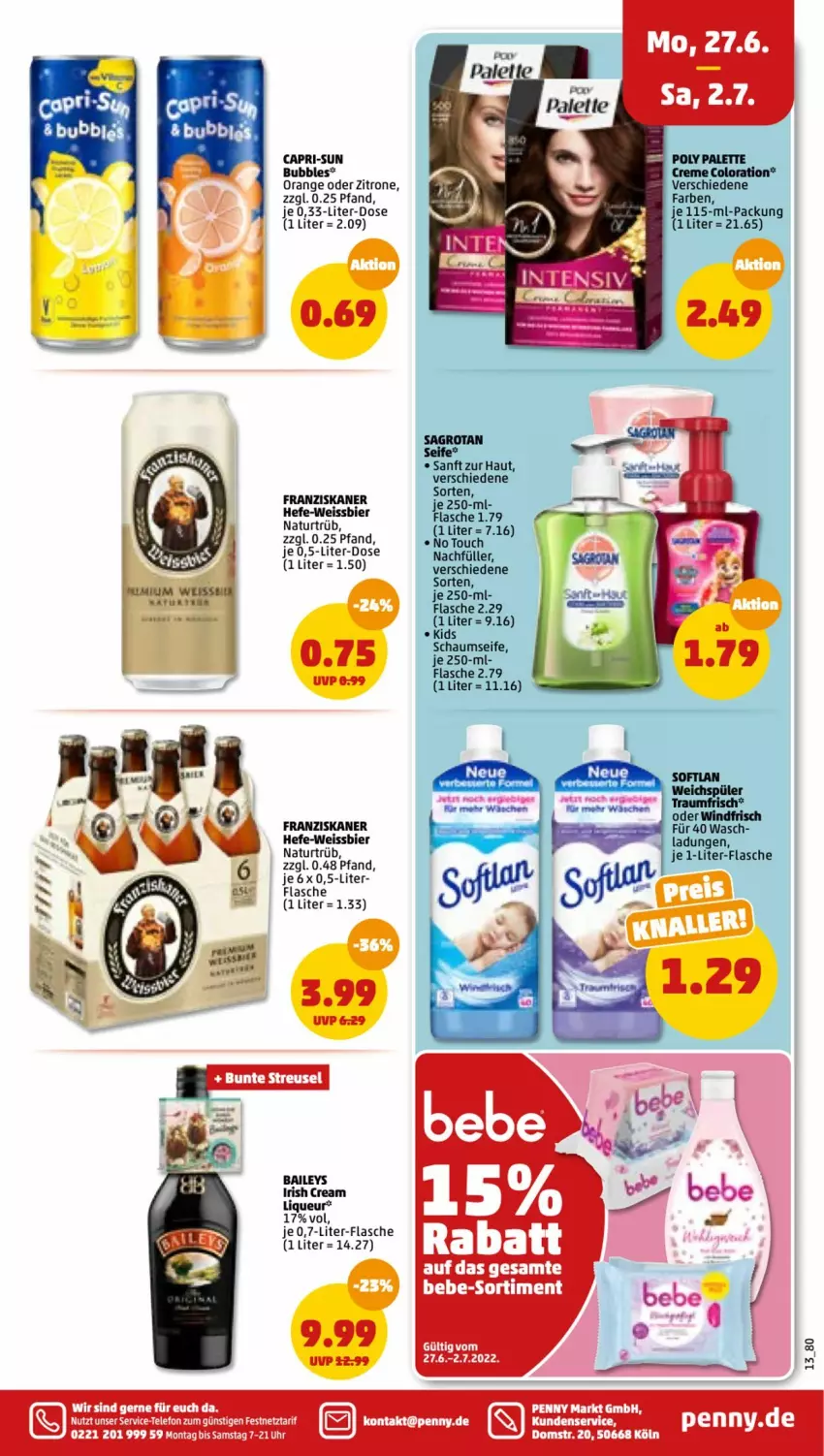 Aktueller Prospekt Penny - Prospekte - von 27.06 bis 02.07.2022 - strona 13 - produkty: baileys, bier, Cap, capri-sun, creme, eis, flasche, franziskaner, Hefe, irish cream, liqueur, natur, orange, Palette, sagrotan, Seife, Softlan, tee, telefon, Ti, uhr, weichspüler, weissbier, zitrone