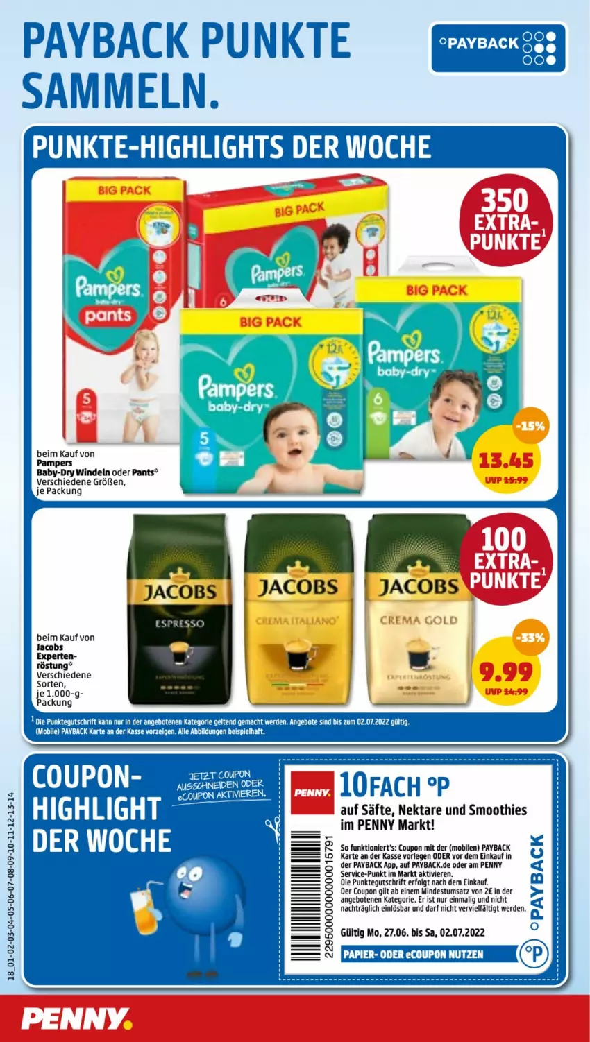 Aktueller Prospekt Penny - Prospekte - von 27.06 bis 02.07.2022 - strona 18 - produkty: angebot, angebote, baby-dry, coupon, erde, jacobs, LG, Nektar, pampers, Pants, payback, säfte, smoothie, smoothies, Ti, windeln, windeln oder pants