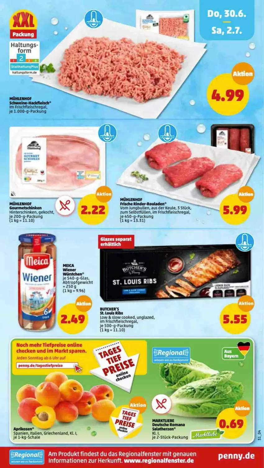 Aktueller Prospekt Penny - Prospekte - von 27.06 bis 02.07.2022 - strona 31 - produkty: aprikose, aprikosen, butcher's, eis, fenster, fleisch, hackfleisch, Heu, hinterschinken, jungbullen, meica, regal, reis, rind, rinder, rinder-rouladen, rouladen, salat, salatherzen, Schal, Schale, schinken, schwein, schweine, Ti, tiefpreis, uhr, wein, weine, wiener