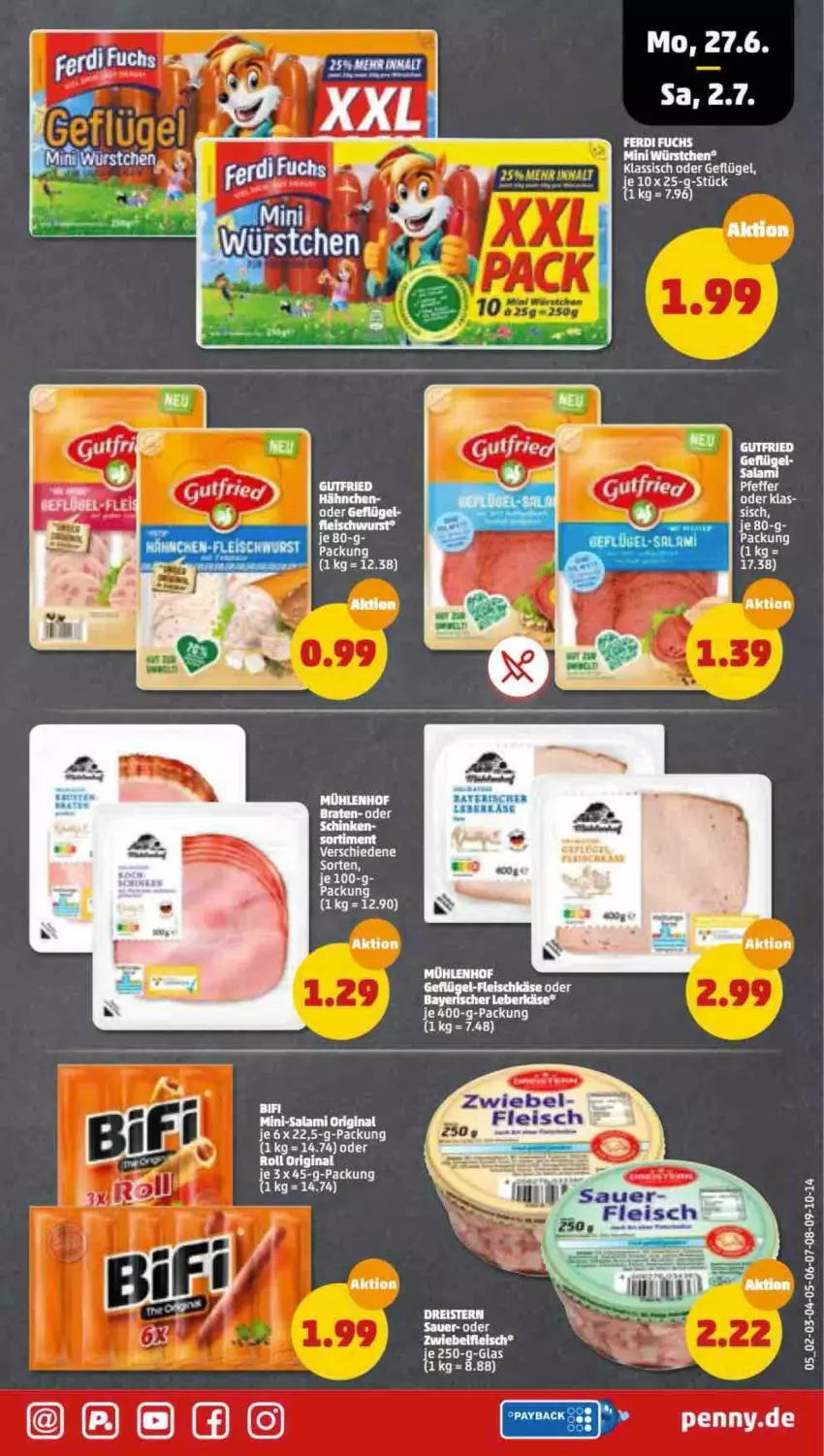 Aktueller Prospekt Penny - Prospekte - von 27.06 bis 02.07.2022 - strona 5 - produkty: auer, braten, eis, ferdi fuchs, fleisch, Geflügel, gin, Mini-Salami, salami, Ti, zwiebel