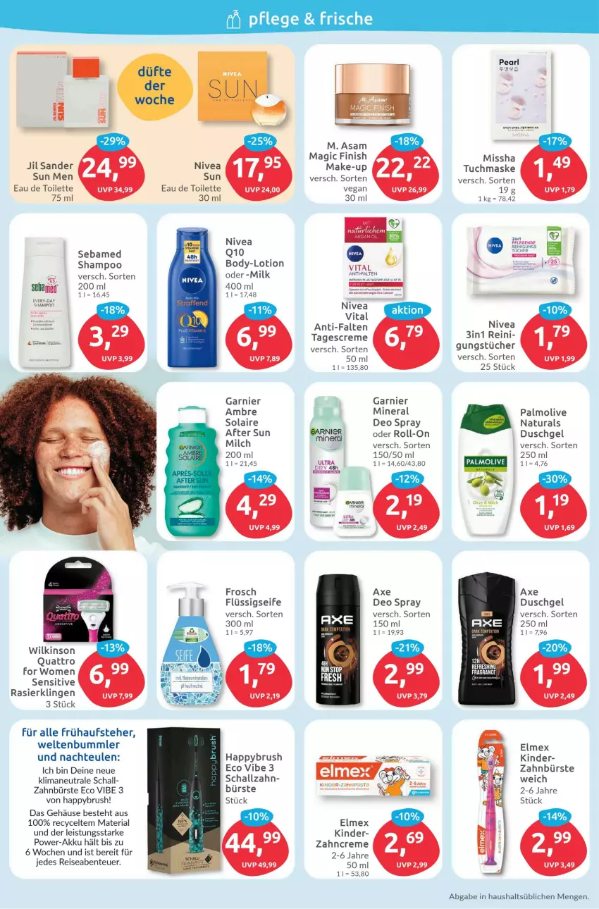 Aktueller Prospekt Budni - Prospekte - von 26.06 bis 01.07.2023 - strona 2 - produkty: after sun, akku, Ambre Solaire, axe, body, bürste, creme, deo, deo spray, duschgel, eau de toilette, eau de toilette 30 ml, eis, elle, elmex, ente, Finish, flüssigseife, Frosch, garnier, jil sander, Kinder, Lotion, M.ASAM, Make-up, Maske, milch, natur, natura, nivea, nivea sun, olive, palmolive, Q10, Rasierklinge, rasierklingen, Reinigung, reis, Ria, roll-on, Schal, sebamed, Seife, shampoo, tagescreme, Tagespflege, Ti, tuc, tücher, Tucher, tuchmaske, vita, wilkinson, zahnbürste, zahncreme