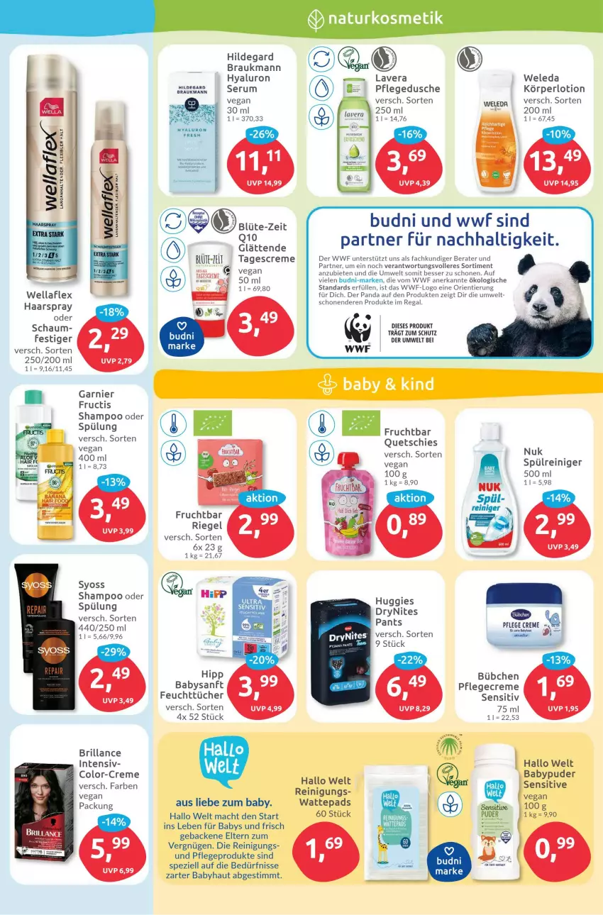 Aktueller Prospekt Budni - Prospekte - von 26.06 bis 01.07.2023 - strona 3 - produkty: Babypuder, Blüte, brillance, bübchen, creme, DryNites, dusche, eis, feuchttücher, frucht, fructis, garnier, geback, haarspray, hipp, Huggies, hyaluron, Körperlotion, Lotion, mac, nuk, Pants, Pflegecreme, pflegedusche, regal, reiniger, Reinigung, riegel, rum, Serum, shampoo, shampoo oder spülung, Spezi, spülung, syoss, tee, tender, Ti, tücher, wattepads, weleda, Wella, Yo