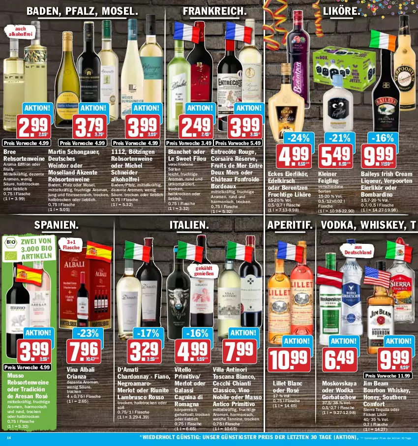 Aktueller Prospekt Hit - Prospekte - von 13.02 bis 18.02.2023 - strona 14 - produkty: alkohol, amaro, aperitif, auer, Bad, baileys, berentzen, bourbon, bourbon whiskey, bree, chardonnay, chia, chianti, classico, Corsaire, eier, eierlikör, eis, ente, finesse, flasche, frucht, Gorbatschow, irish cream, jim beam, kirsch, kleiner feigling, Lambrusco, leine, likör, lillet, liqueur, merl, merlot, Michel Schneider, moselland, moskovskaya, primitivo, rebsortenweine, reis, resa, Ria, rouge, Sierra, sierra tequila, Southern Comfort, tequila, Ti, verpoorten, vodka, wein, weine, whiskey, wodka, ZTE