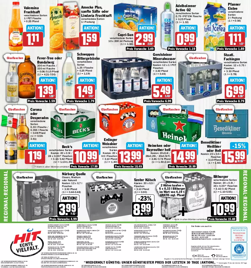 Aktueller Prospekt Hit - Prospekte - von 13.02 bis 18.02.2023 - strona 16 - produkty: adelholzener, Alwa, amecke, angebot, angebote, auer, Bad, Benediktiner, bier, bitburger, braun, Bundaberg, burger, Cap, capri-sun, corona, desperados, drucker, eimer, eis, eistee, elle, Engel, erdinger, fever-tree, fisch, flasche, frucht, fruchtsaft, gerolsteine, gerolsteiner, getränk, getränke, glasflasche, heineken, Holz, kerze, Lübecker, mineralwasser, natur, pfanne, Pfanner, Rauch, reis, rel, saft, säfte, schweppes, Staatl. Fachingen, steiner, tee, Ti, uhr, valensina, wasser, weissbier, ZTE