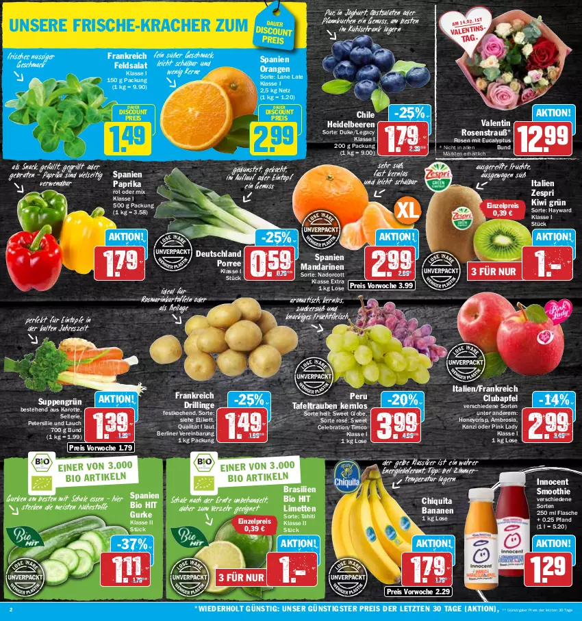 Aktueller Prospekt Hit - Prospekte - von 13.02 bis 18.02.2023 - strona 2 - produkty: apfel, auer, banane, bananen, beere, beeren, berliner, bio, bio hit, braten, chiquita, discount, eintopf, eintöpfe, eis, elle, feldsalat, flasche, fleisch, frucht, früchte, fruchtfleisch, grill, gurke, gurken, heidelbeere, heidelbeeren, ilag, Innocent, joghur, joghurt, kartoffel, kartoffeln, kiwi, kracher, kuchen, kühlschrank, limette, limetten, mac, mandarine, mandarinen, Mett, metten, nuss, obst, orange, orangen, paprika, petersilie, Pfannkuchen, Pink Lady, reis, rosen, Rosenstrauß, rosmarin, rwe, salat, salate, Schal, Schale, Schrank, smoothie, snack, suppe, suppen, tafeltrauben, Ti, tisch, topf, trauben, zespri, ZTE, zucker