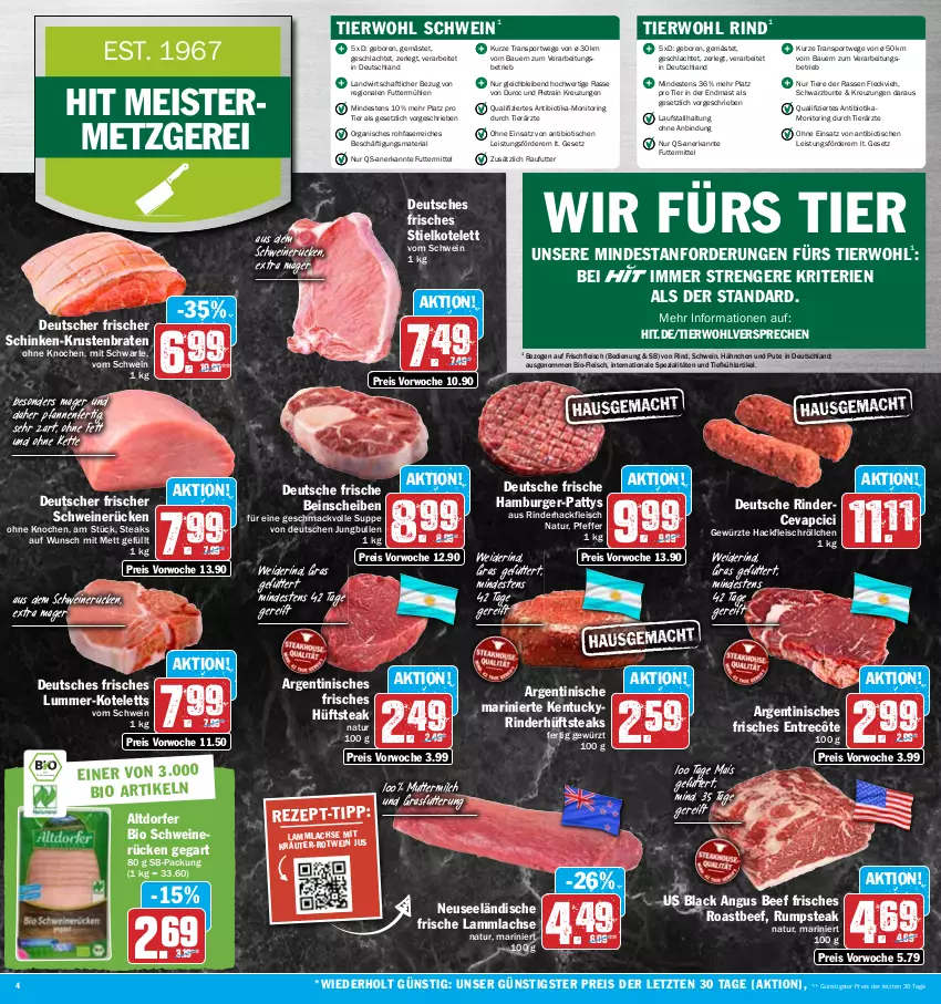 Aktueller Prospekt Hit - Prospekte - von 13.02 bis 18.02.2023 - strona 4 - produkty: auer, Bau, Bauer, beef, bio, braten, burger, cevapcici, eis, entrecôte, fleisch, Geflügel, gewürz, hackfleisch, hamburger, hüftsteak, hüftsteaks, jungbullen, Kette, kotelett, kräuter, krustenbraten, lachs, lack, lamm, lammlachse, mac, mais, Meister, Mett, milch, monitor, natur, pfanne, pfannen, pfeffer, pute, reis, Ria, rind, rinder, rinderhackfleisch, ring, roastbeef, rotwein, rum, rumpsteak, schinken, schwein, schweine, schweinerücken, Spezi, Sport, steak, steaks, suppe, Ti, Tiere, tisch, tuc, wein, weine, ZTE