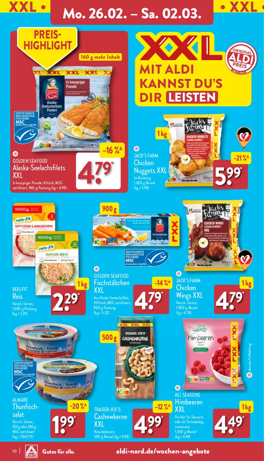 Aktueller Prospekt Aldi Nord - Von Montag - von 26.02 bis 02.03.2024 - strona 10 - produkty: Alaska-Seelachs, Alaska-Seelachsfilet, aldi, almare, angebot, angebote, aus der tiefkühlung, beere, beeren, beutel, Cashew, cashewkerne, chicken nuggets, chicken wings, dessert, desserts, eis, filet, filets, fisch, fischstäbchen, himbeer, himbeere, himbeeren, lachs, lachsfilet, lachsfilets, natur, nuggets, reis, reis-fit, salat, seelachsfilet, thunfisch, Ti, torte