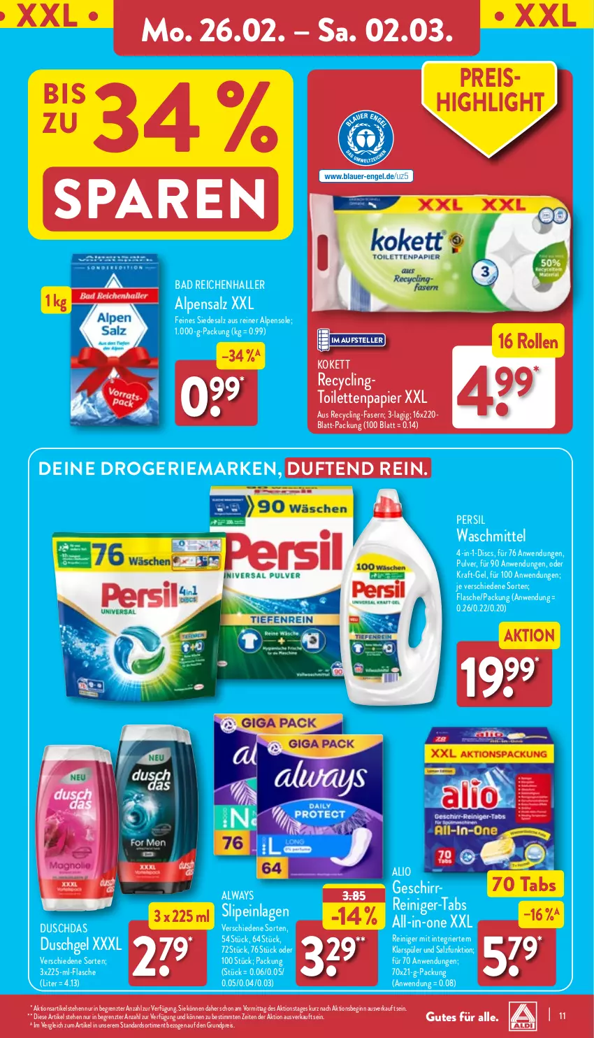 Aktueller Prospekt Aldi Nord - Von Montag - von 26.02 bis 02.03.2024 - strona 11 - produkty: Alwa, Always, Bad, Clin, duschdas, duschgel, eis, elle, flasche, geschirr, gin, klarspüler, kraft, papier, persil, persil waschmittel, reiniger, reis, salz, slip, slipeinlagen, teller, Ti, toilettenpapier, waschmittel, ZTE