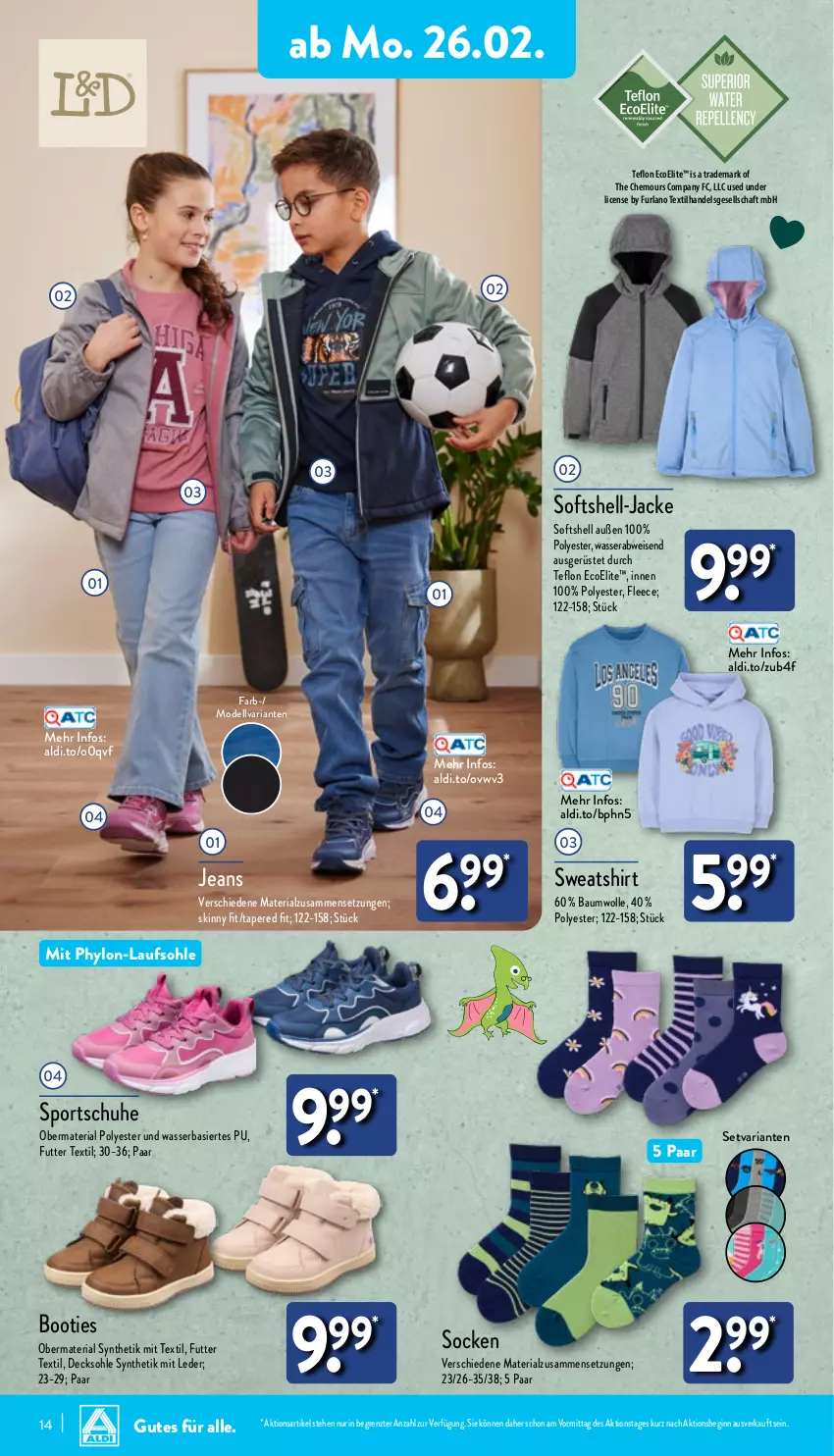 Aktueller Prospekt Aldi Nord - Von Montag - von 26.02 bis 02.03.2024 - strona 14 - produkty: aldi, Bau, baumwolle, Booties, decksohle, dell, eis, gin, Hylo, Jacke, jeans, lack, Mode, obermaterial synthetik, Ria, schuhe, shirt, socken, Softshell-Jacke, Sport, sportschuhe, Sweatshirt, Ti, wasser, wolle, ZTE