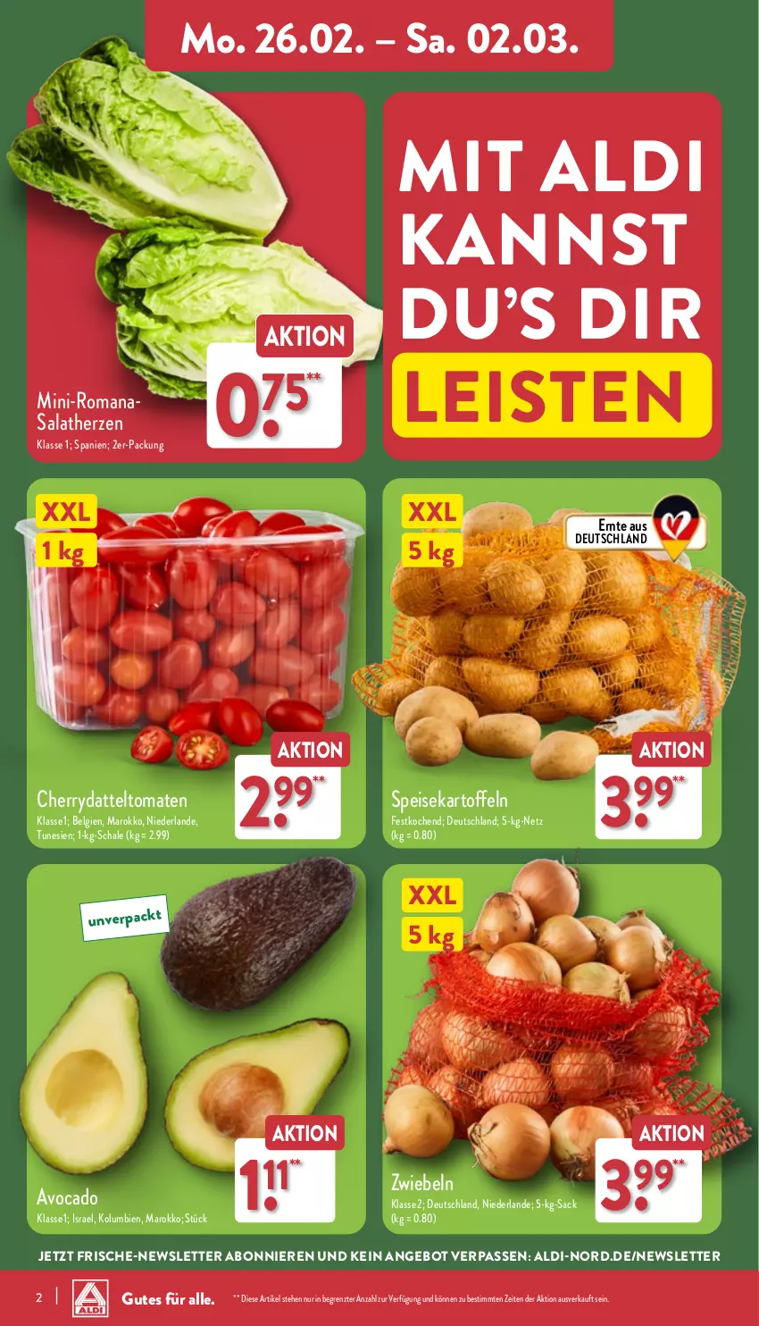 Aktueller Prospekt Aldi Nord - Von Montag - von 26.02 bis 02.03.2024 - strona 2 - produkty: aldi, angebot, avocado, datteltomaten, eis, kartoffel, kartoffeln, LG, Romanasalat, sac, salat, salatherzen, Schal, Schale, speisekartoffeln, Ti, tomate, tomaten, ZTE, zwiebel, zwiebeln