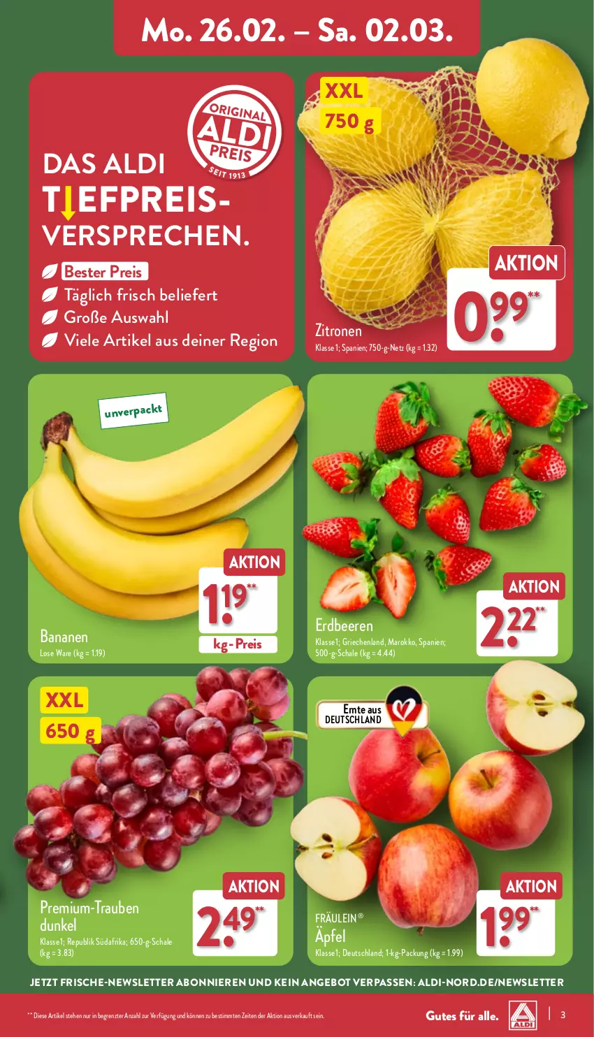 Aktueller Prospekt Aldi Nord - Von Montag - von 26.02 bis 02.03.2024 - strona 3 - produkty: aldi, angebot, banane, bananen, beere, beeren, eis, erdbeere, erdbeeren, reis, Schal, Schale, Ti, trauben, zitrone, zitronen, ZTE