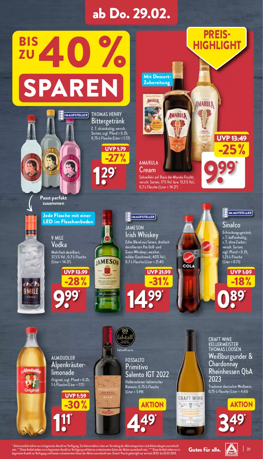 Aktueller Prospekt Aldi Nord - Von Montag - von 26.02 bis 02.03.2024 - strona 31 - produkty: almdudler, amarula, burgunder, chardonnay, dessert, eis, elle, erfrischungsgetränk, flasche, frucht, getränk, gin, irish whiskey, jameson, kräuter, likör, limo, limonade, Loose, mac, Meister, primitivo, reis, rotwein, sahne, sinalco, teller, thomas henry, Ti, vodka, wein, Weißburgunder, Weißwein, whiskey, ZTE, zucker