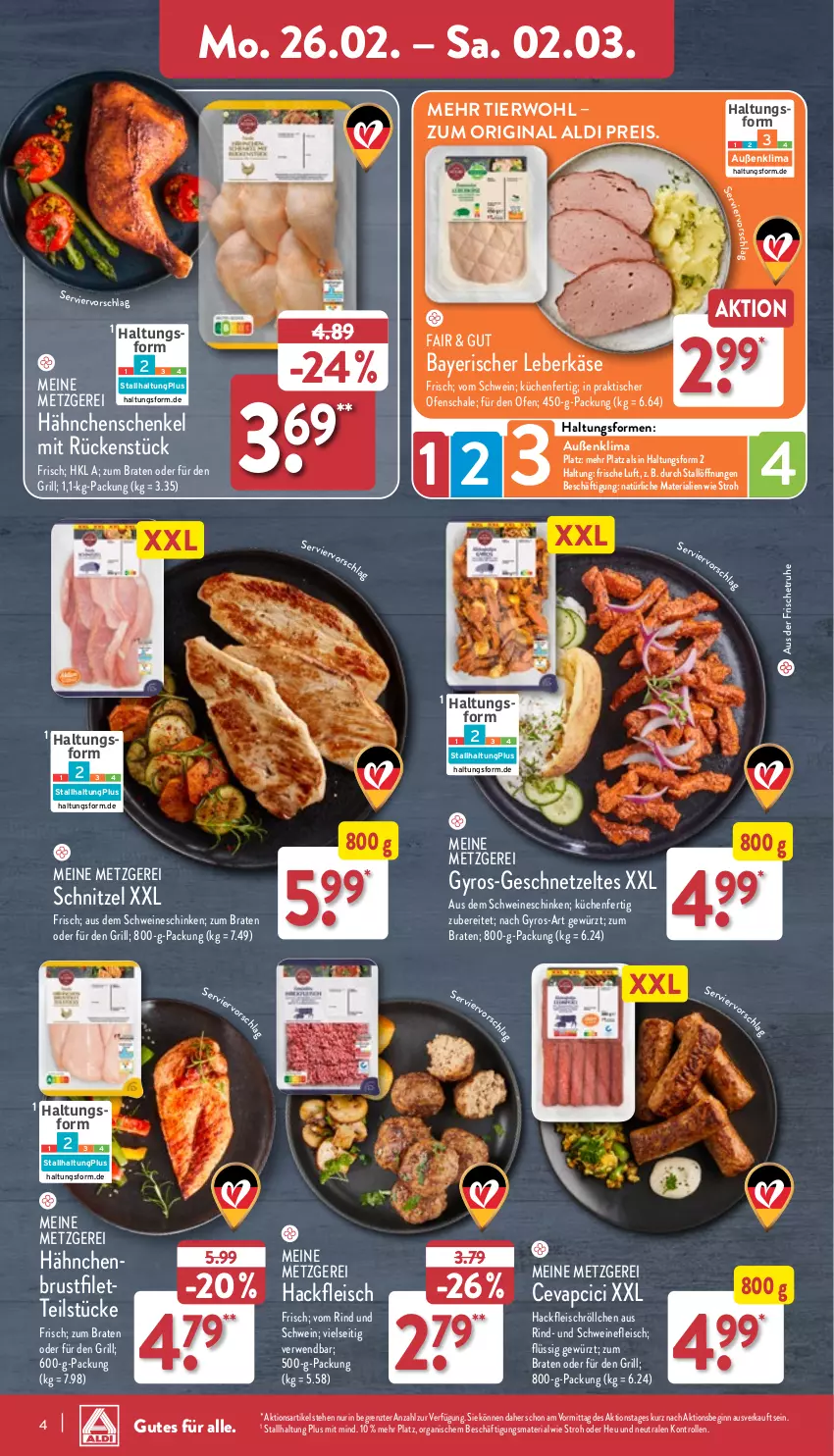 Aktueller Prospekt Aldi Nord - Von Montag - von 26.02 bis 02.03.2024 - strona 4 - produkty: aldi, braten, brustfilet, cevapcici, eis, filet, fleisch, geschnetzeltes, gewürz, gin, grill, gyros, hackfleisch, hähnchenbrust, hähnchenbrustfilet, hähnchenschenkel, henkel, Heu, Käse, küche, Küchen, leberkäs, leberkäse, Ofen, reis, Ria, rind, rwe, Schal, Schale, schenkel, schinken, schnitzel, schwein, schweine, schweinefleisch, Ti, tisch, wein, weine, Zelt, ZTE