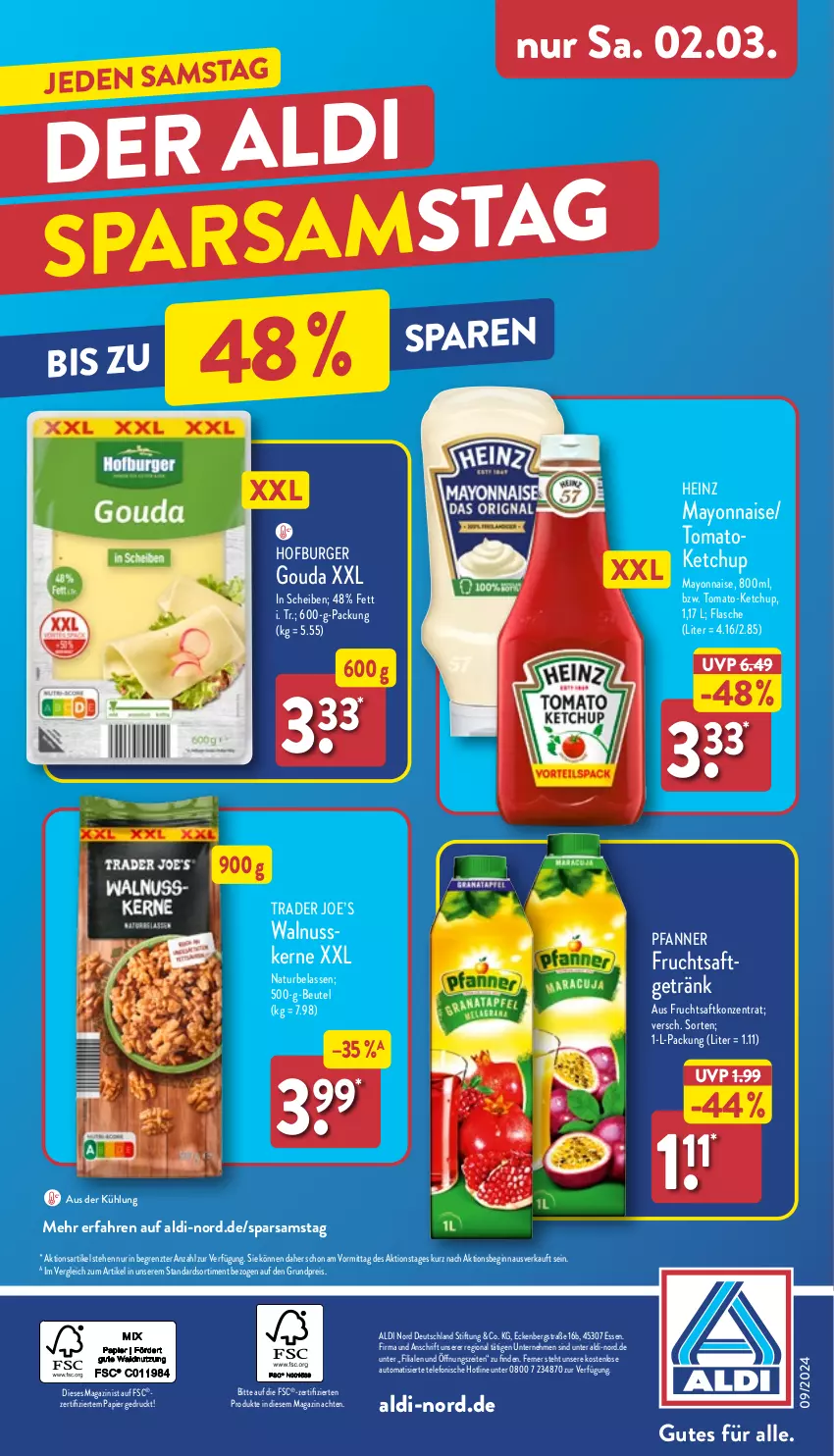 Aktueller Prospekt Aldi Nord - Von Montag - von 26.02 bis 02.03.2024 - strona 40 - produkty: aldi, auto, beutel, burger, eis, flasche, frucht, fruchtsaft, getränk, gin, gouda, heinz, ketchup, magazin, mayonnaise, natur, nuss, papier, pfanne, Pfanner, reis, saft, telefon, Ti, walnuss, Yo, ZTE