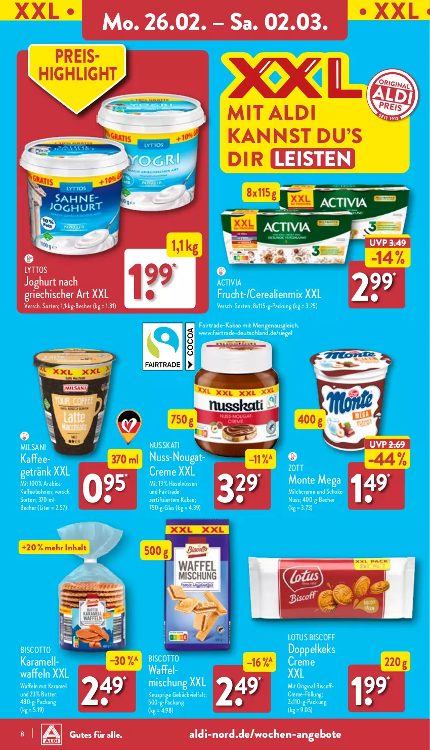 Aktueller Prospekt Aldi Nord - Von Montag - von 26.02 bis 02.03.2024 - strona 8 - produkty: activia, aldi, angebot, angebote, Becher, biscoff, biscotto, bohne, bohnen, butter, cerealien, creme, eis, frucht, getränk, gin, joghur, joghurt, joghurt nach, kaffee, kaffeebohnen, kakao, karamell, keks, milch, monte, Nougatcreme, nuss, reis, schoko, Ti, waffeln, zott, Zott Monte