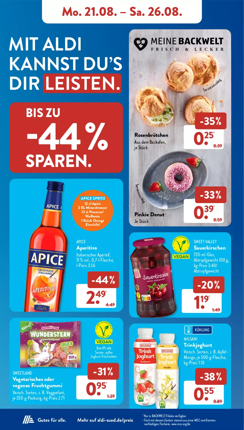 Aktueller Prospekt AldiSud - NÄCHSTE WOCHE - von 21.08 bis 26.08.2023 - strona 10 - produkty: aldi, Alwa, aperitif, apfel, auer, backofen, brötchen, Donut, ecco, eis, eiswürfel, fisch, fische, Fischer, flasche, frucht, fruchtgummi, joghur, joghurt, kirsch, kirsche, kirschen, mango, mineralwasser, Ofen, orange, prosecco, reis, rosen, sauerkirschen, Schere, Sweetland, Ti, Vegeta, veggie, wasser, wein, Weißwein, würfel