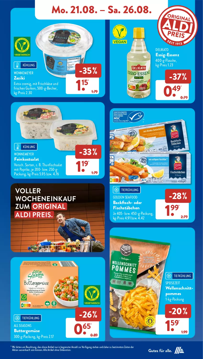 Aktueller Prospekt AldiSud - NÄCHSTE WOCHE - von 21.08 bis 26.08.2023 - strona 11 - produkty: aldi, alle artikel ohne dekoration, backfisch, Becher, butter, dekoration, eis, elle, essig, feinkost, fisch, fischstäbchen, flasche, frischkäse, gin, gurke, gurken, Käse, mit paprika, paprika, pommes, reis, salat, thunfisch, Thunfischsalat, Ti, zaziki, ZTE