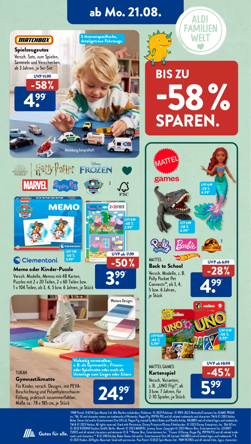 Aktueller Prospekt AldiSud - NÄCHSTE WOCHE - von 21.08 bis 26.08.2023 - strona 14 - produkty: asti, auto, dell, disney, eis, elle, ente, fisch, fische, Hasbro, Kartenspiel, Kinder, LG, Liege, Mattel, Mode, nintendo, Paw Patrol, Peppa Pig, Puzzle, rel, Ria, rwe, Spezi, Spiele, spielzeug, Ti, tisch