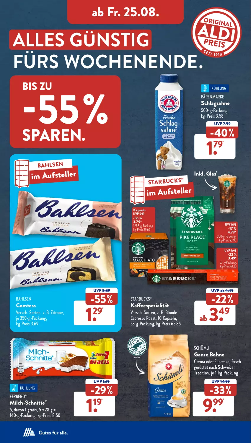 Aktueller Prospekt AldiSud - NÄCHSTE WOCHE - von 21.08 bis 26.08.2023 - strona 24 - produkty: bahlsen, bärenmarke, bohne, comtess, eis, elle, espresso, ferrero, kaffee, milch, milch-schnitte, oder espresso, reis, sahne, schlagsahne, Spezi, starbucks, teller, Ti, zitrone