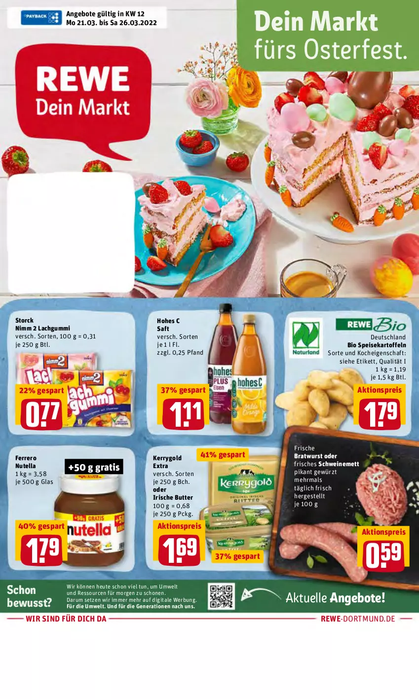 Aktueller Prospekt Rewe - Diese Woche im Angebot! - von 21.03 bis 26.03.2022 - strona 1 - produkty: aktionspreis, angebot, angebote, bio, bratwurst, butter, eis, elle, ferrero, gewürz, Heu, Hohes C, irische butter, kartoffel, kartoffeln, kerrygold, kerrygold extra, lachgummi, Mett, Nimm 2, nutella, reis, rum, saft, schwein, schweine, schweinemett, speisekartoffeln, storck, Ti, wein, weine, wurst