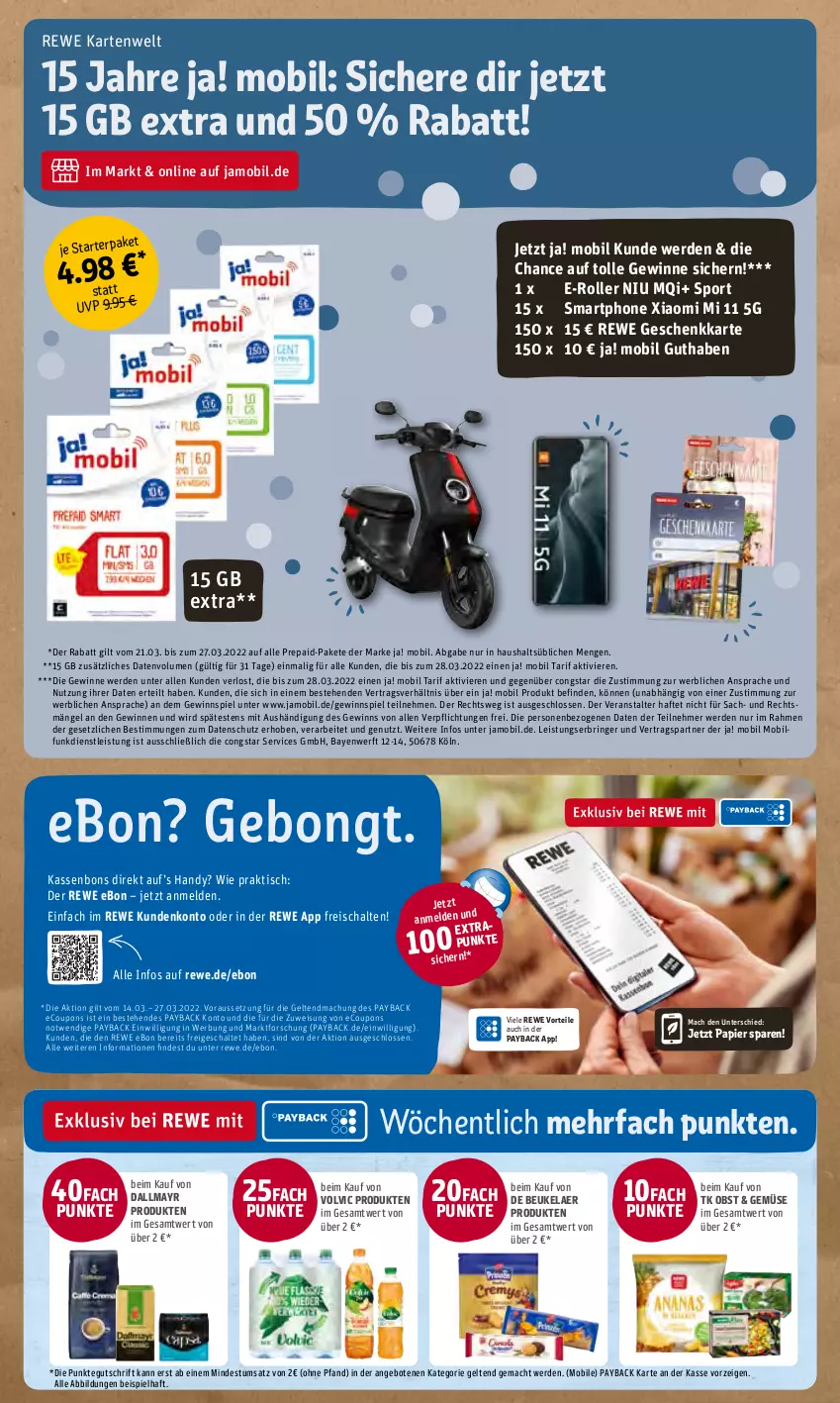 Aktueller Prospekt Rewe - Diese Woche im Angebot! - von 21.03 bis 26.03.2022 - strona 14 - produkty: angebot, angebote, congstar, coupon, coupons, dallmayr, de beukelaer, E-Roller, eis, erde, gewinnspiel, Handy, mac, obst, papier, payback, reis, ring, Roller, sac, Schal, smartphone, Sport, Ti, tisch, volvic