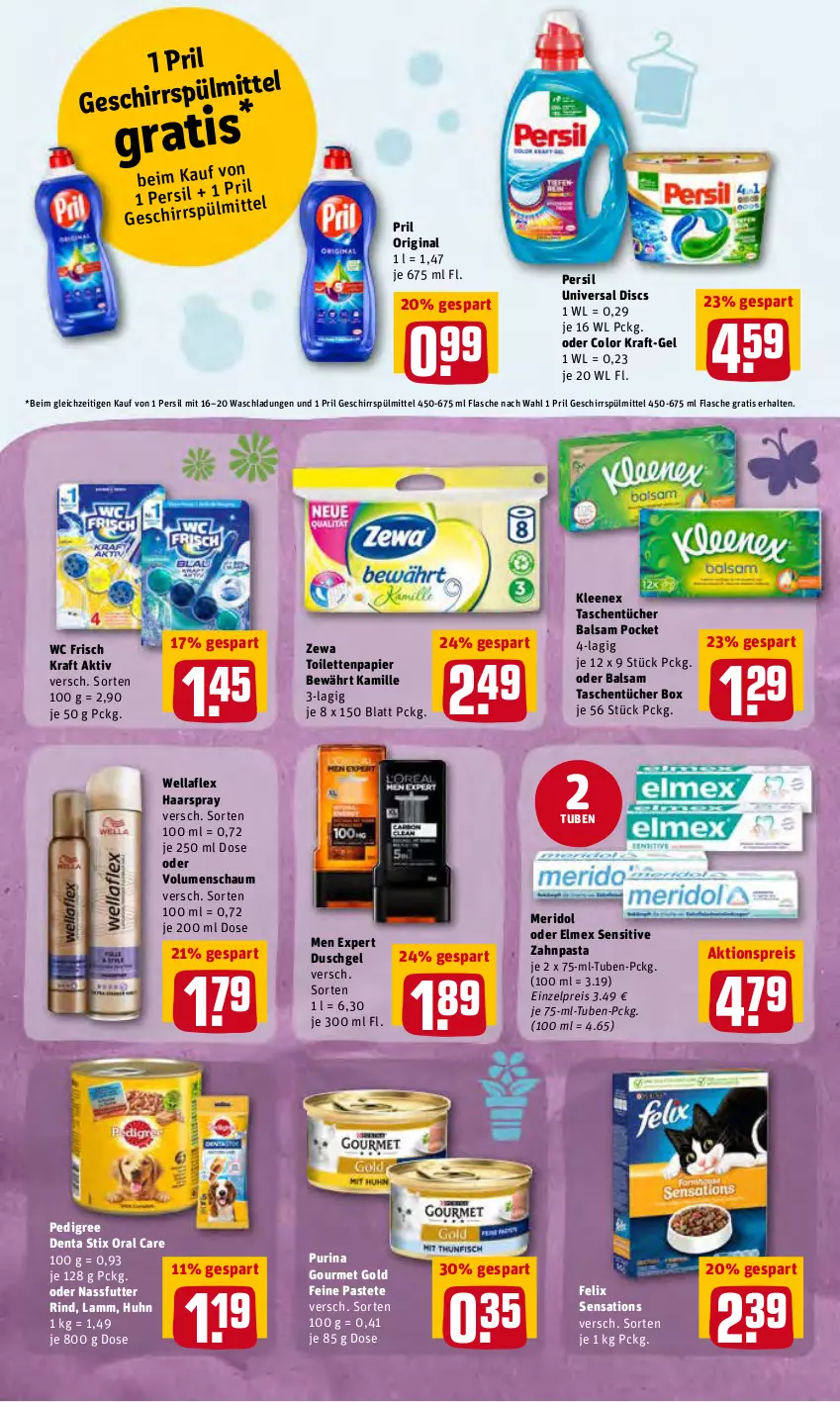 Aktueller Prospekt Rewe - Diese Woche im Angebot! - von 21.03 bis 26.03.2022 - strona 16 - produkty: aktionspreis, balsam, duschgel, eis, elmex, felix, flasche, geschirr, geschirrspülmittel, gin, gourmet gold, haarspray, Kamill, kamille, kraft, lamm, meridol, nassfutter, papier, pasta, pastete, pedigree, persil, pril, purina, reis, rind, sensations, spülmittel, Tasche, taschen, taschentücher, Ti, toilettenpapier, tücher, wc frisch, WC Frisch Kraft Aktiv, Wella, wellaflex, zahnpasta, zewa