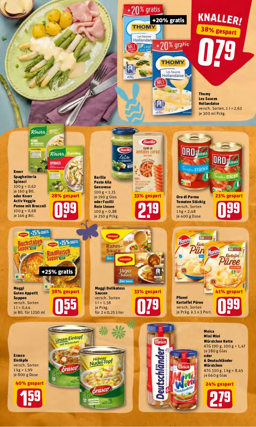 Aktueller Prospekt Rewe - Diese Woche im Angebot! - von 21.03 bis 26.03.2022 - strona 18 - produkty: barilla, broccoli, delikatess sauce, eintöpfe, erasco, fusilli, genovese, hollandaise, kartoffel, Kette, knorr, linsen, maggi, meica, oro di parma, penne, pesto, pfanni, püree, Ria, Rote Linsen, sauce, saucen, suppe, suppen, thomy, thomy les sauces, Ti, tomate, tomaten, veggie, würstchen