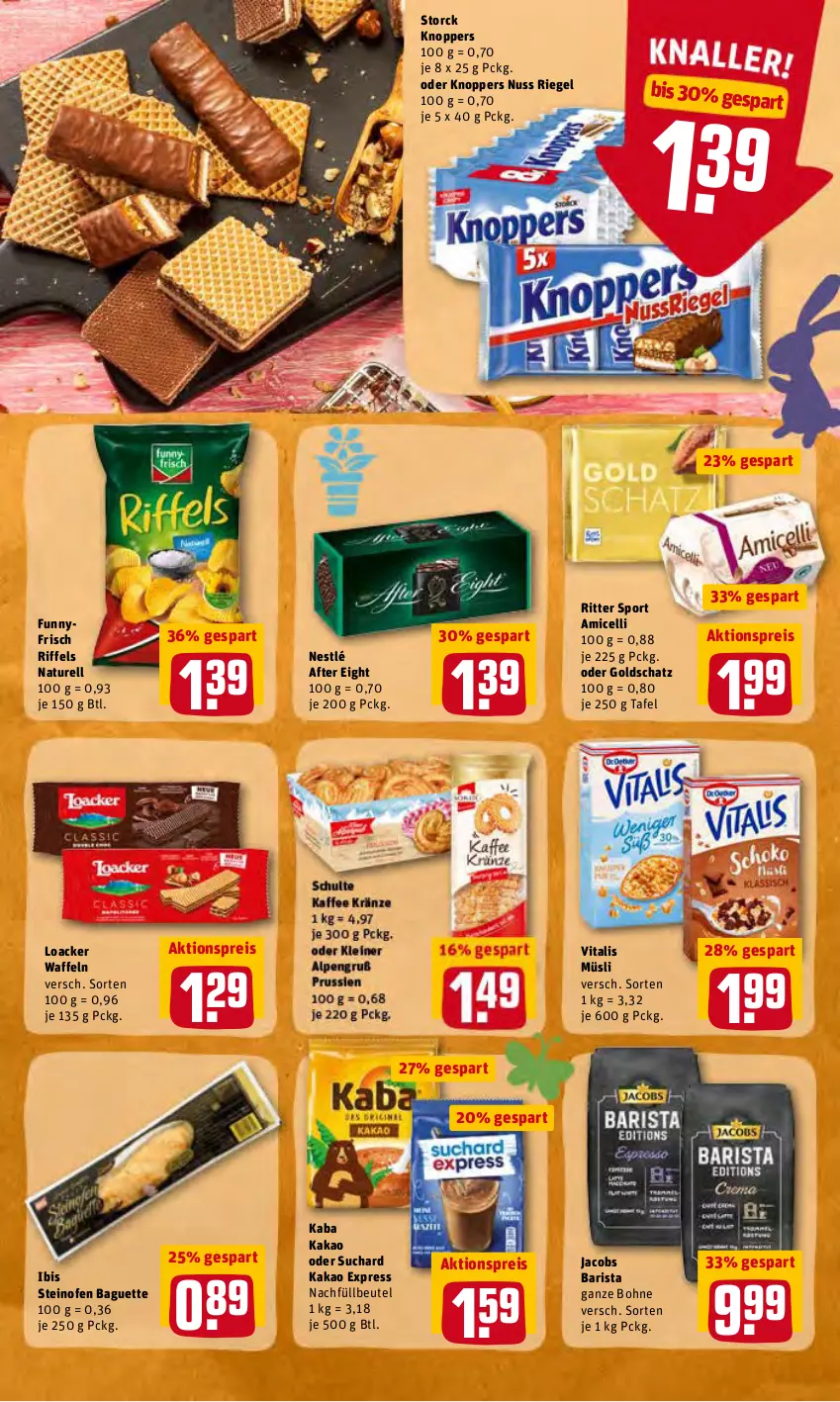 Aktueller Prospekt Rewe - Diese Woche im Angebot! - von 21.03 bis 26.03.2022 - strona 19 - produkty: after eight, aktionspreis, amicelli, baguette, beutel, bohne, eis, jacobs, kakao, knoppers, müsli, natur, nestlé, nuss, Ofen, reis, rel, riegel, ritter, ritter sport, Sport, steinofen, storck, Ti, vita, vitalis, vitalis müsli, waffeln