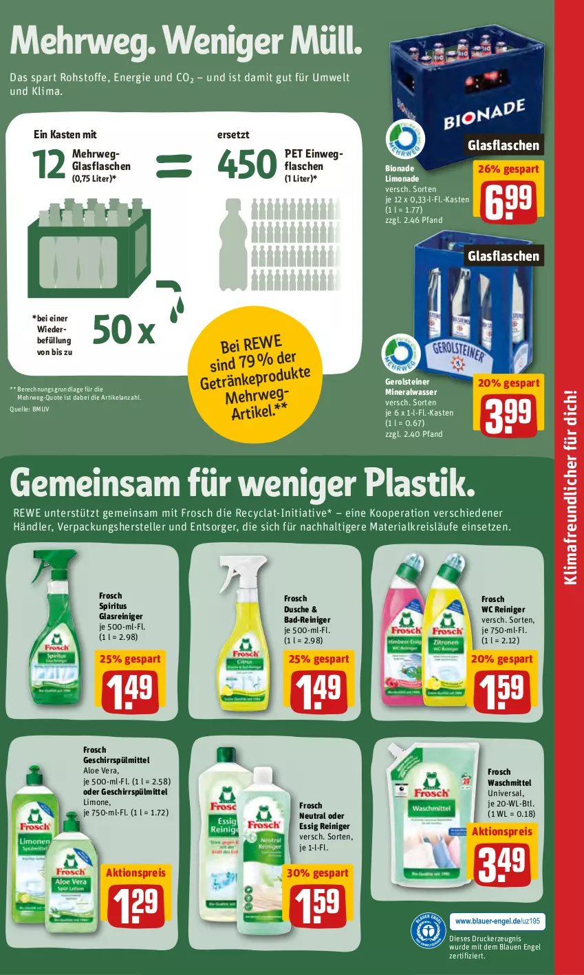 Aktueller Prospekt Rewe - Diese Woche im Angebot! - von 21.03 bis 26.03.2022 - strona 24 - produkty: aktionspreis, aloe vera, Alwa, asti, Bad, Bad-Reiniger, bio, bionade, drucker, dusche, eis, Elan, elle, Engel, essig, flasche, Frosch, gerolsteine, gerolsteiner, geschirr, geschirrspülmittel, getränk, getränke, glasflasche, Glasreiniger, kerze, limo, limonade, mineralwasser, reiniger, reis, Ria, rwe, spiritus, spülmittel, steiner, teller, Ti, waschmittel, wasser