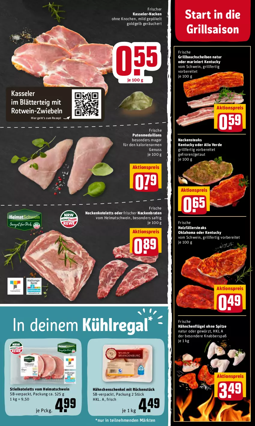 Aktueller Prospekt Rewe - Diese Woche im Angebot! - von 21.03 bis 26.03.2022 - strona 5 - produkty: aktionspreis, Bau, bauchscheiben, blätterteig, braten, eis, erde, Frische Hähnchen, gewürz, grill, Grillbauch, hähnchenflügel, hähnchenschenkel, henkel, Holz, holzfällersteaks, kasseler, kotelett, kühlregal, medaillons, nackenkoteletts, Nackensteak, nackensteaks, natur, nuss, pute, regal, reis, rezept, rotwein, saft, schenkel, schwein, steak, steaks, Ti, tuc, wein, zwiebel, zwiebeln