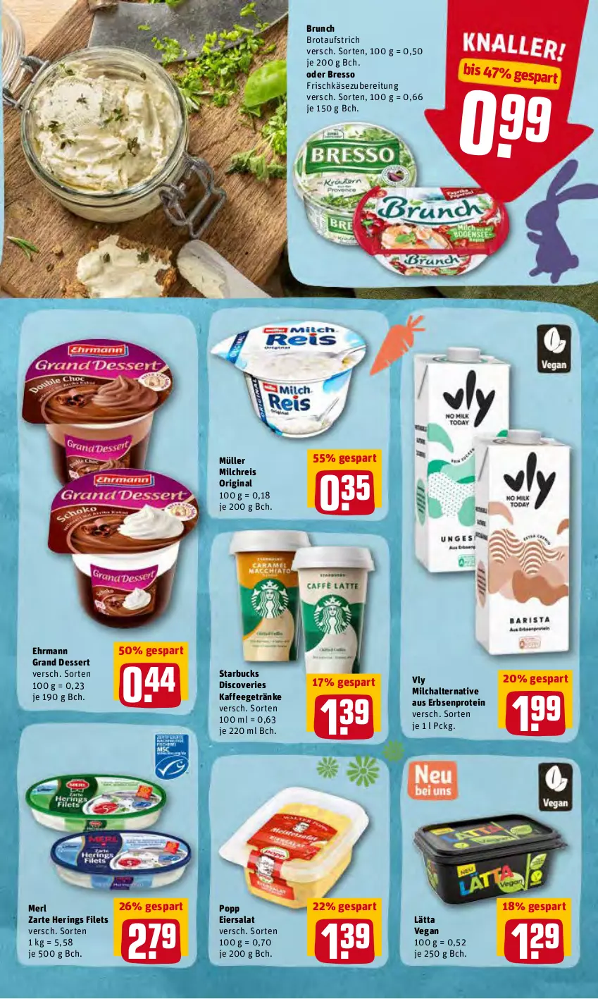 Aktueller Prospekt Rewe - Diese Woche im Angebot! - von 21.03 bis 26.03.2022 - strona 9 - produkty: aufstrich, bresso, brot, brotaufstrich, dessert, ehrmann, Ehrmann Grand Dessert, eier, eiersalat, eis, erbsen, filet, filets, frischkäse, frischkäsezubereitung, getränk, getränke, gin, hering, Herings, kaffee, Käse, lätta, merl, milch, milchreis, Müller, Popp, reis, ring, salat, starbucks, Ti