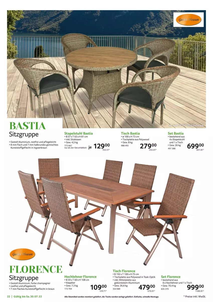 Aktueller Prospekt Selgros - Garten exklusiv - von 10.03 bis 30.07.2022 - strona 22 - produkty: asti, braun, bürste, champagne, champagner, eis, elle, erde, HP, ingwer, kissen, kunststoffgeflecht, latte, möbel, reis, sitzkissen, stapelstuhl, stuhl, Ti, tisch, tischplatte