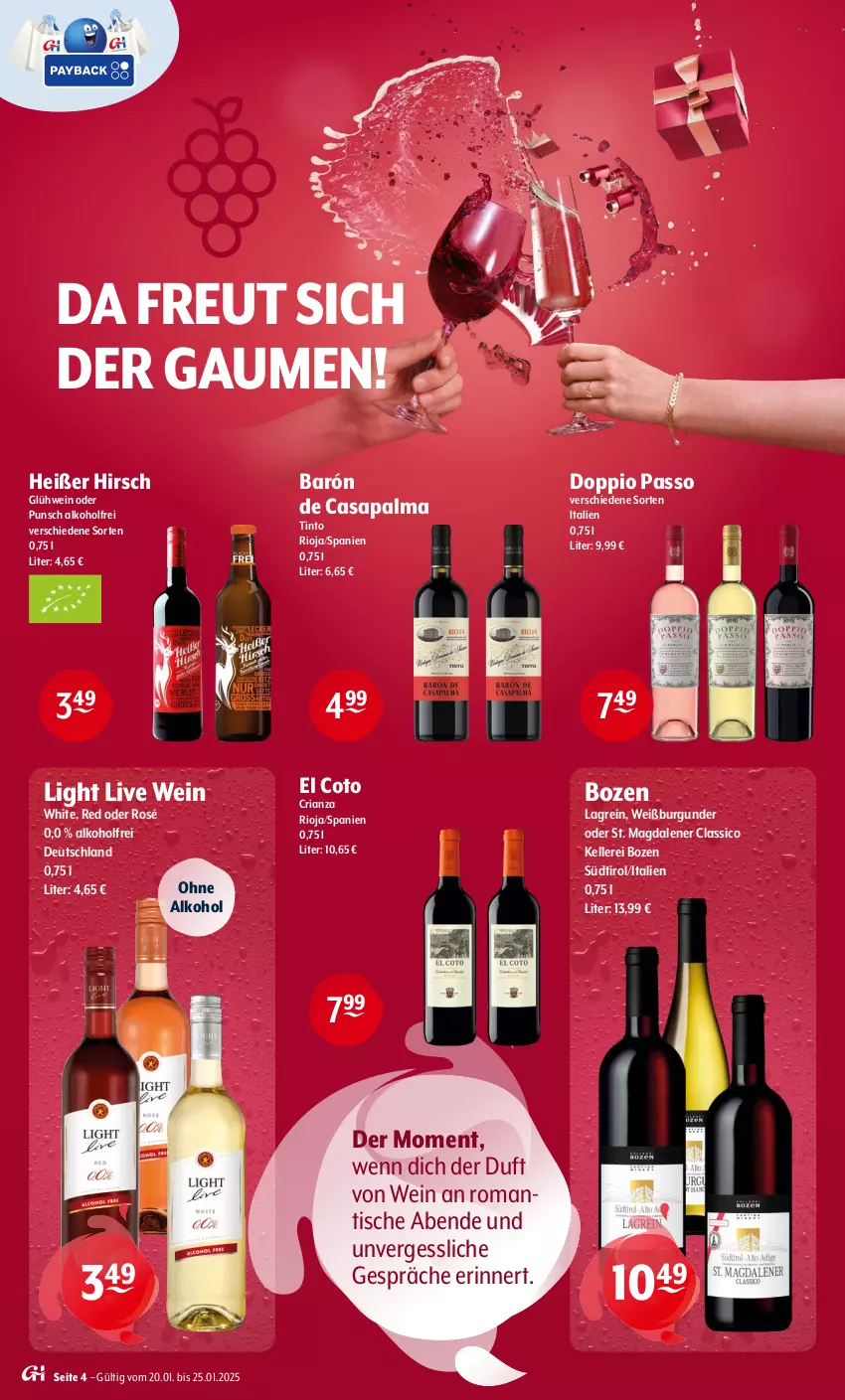 Aktueller Prospekt Getraenke Hoffmann - Prospekte - von 20.01 bis 25.01.2025 - strona 4 - produkty: alkohol, burgunder, classico, doppio passo, elle, Glühwein, ohne alkohol, passo, Ria, rioja, Ti, tisch, wein, Weißburgunder