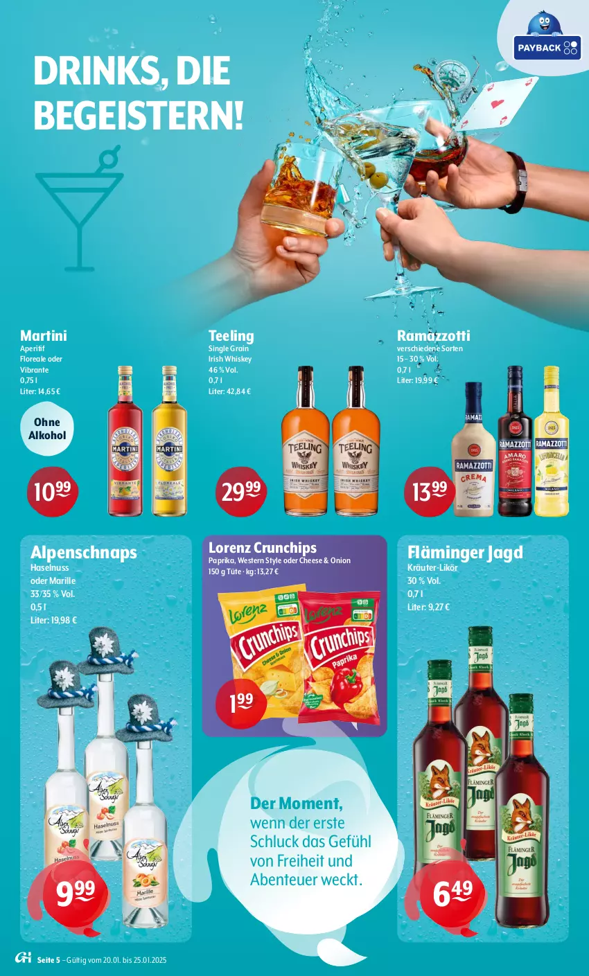 Aktueller Prospekt Getraenke Hoffmann - Prospekte - von 20.01 bis 25.01.2025 - strona 5 - produkty: alkohol, aperitif, chips, crunchips, drink, drinks, eis, ente, haselnuss, irish whiskey, kräuter, likör, loreal, lorenz, lorenz crunchips, martini, nuss, ohne alkohol, paprika, rama, ramazzott, ramazzotti, tee, Ti, Tüte, weck, Weste, whiskey, zott