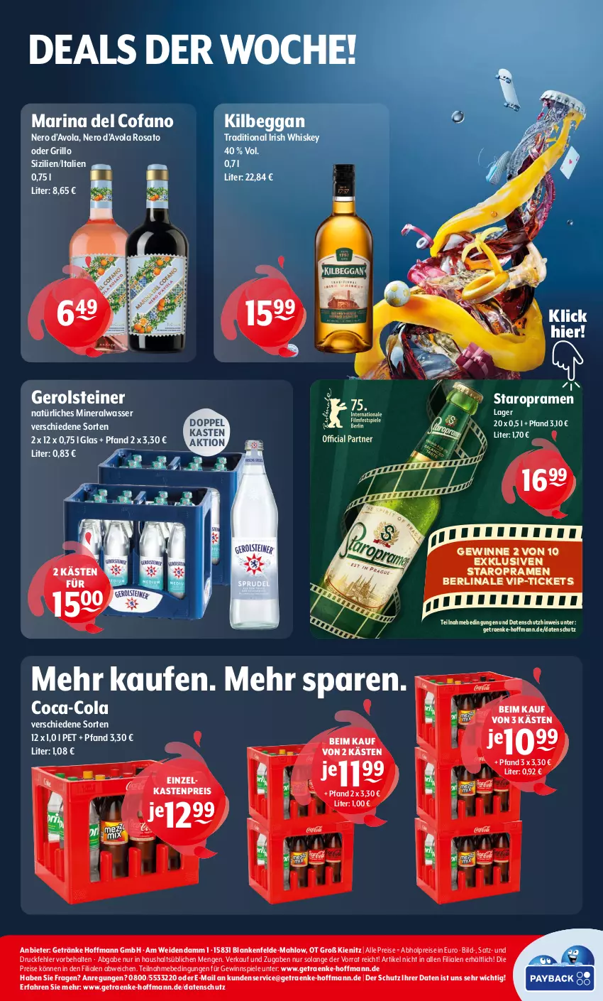 Aktueller Prospekt Getraenke Hoffmann - Prospekte - von 20.01 bis 25.01.2025 - strona 8 - produkty: abholpreise, Alwa, coca-cola, cola, eis, gerolsteine, gerolsteiner, getränk, getränke, gewinnspiel, grill, grillo, irish whiskey, kilbeggan, mineralwasser, natürliches mineralwasser, nero, reis, rosato, Spiele, Staropramen, steiner, Ti, wasser, whiskey