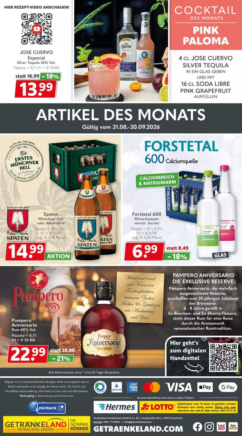 Aktueller Prospekt Getraenkeland - von 31.08 bis 12.09.2026 - strona 10 - produkty: abholpreise, aktionspreis, alkohol, Alwa, bestpreis, bestpreise, bourbon, cocktail, deo, eis, Elan, flasche, Forstetal, getränk, getränke, grapefruit, mineralwasser, reis, rezept, rum, Soda, Spaten, tequila, Ti, wasser, Yo