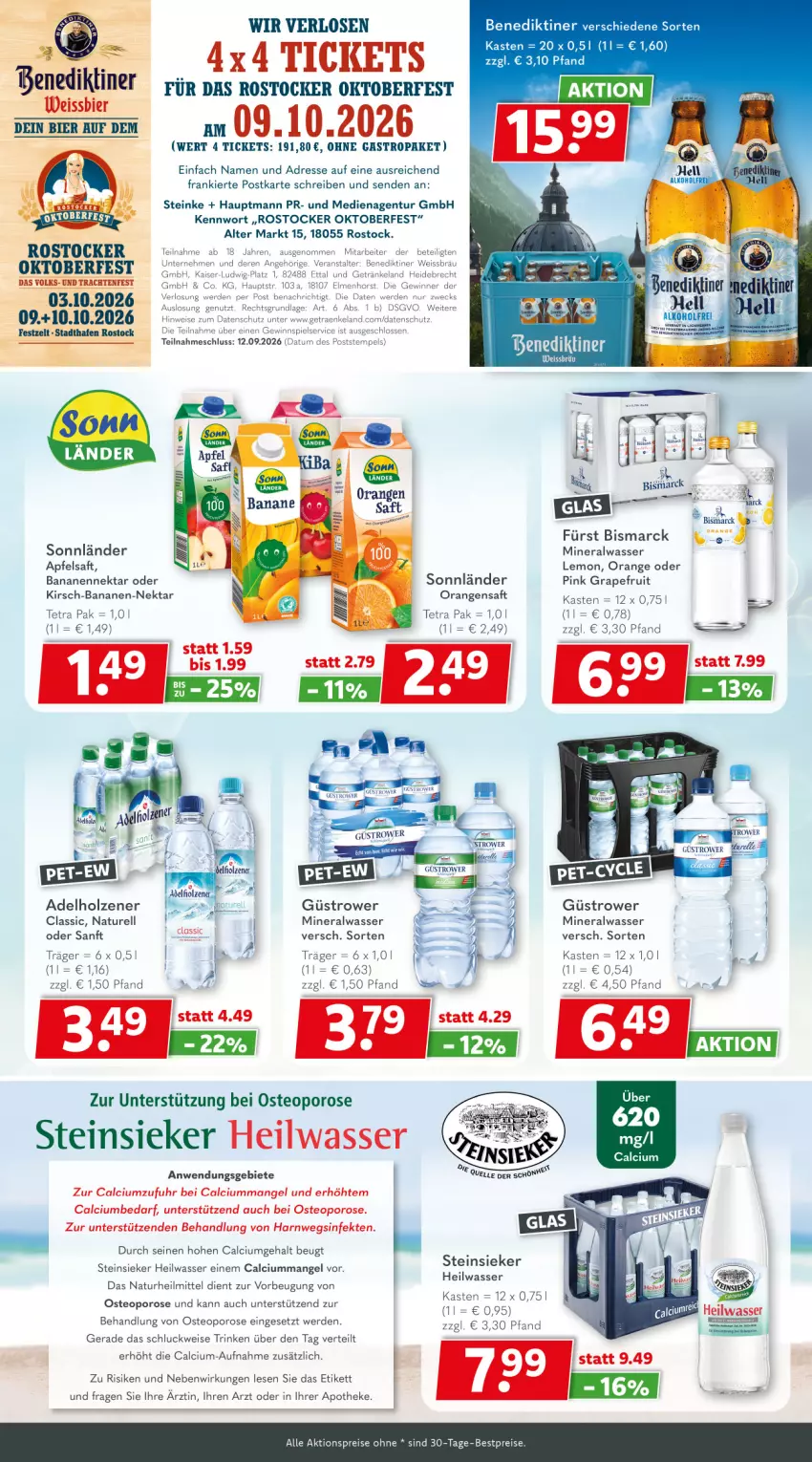 Aktueller Prospekt Getraenkeland - von 31.08 bis 12.09.2026 - strona 4 - produkty: adelholzener, aktionspreis, Alwa, apfel, apfelsaft, Apotheke, banane, bananen, Bananen-Nektar, Benediktiner, bestpreis, bestpreise, bier, bismarck, Calcium, eis, Elan, erde, getränk, getränke, gewinnspiel, grapefruit, Holz, Kaiser, kirsch, mineralwasser, natur, Nektar, orange, orangen, orangensaft, reis, rel, Rostocker, saft, Steinsieker, Ti, uhr, wasser, weck, weissbier, Yo